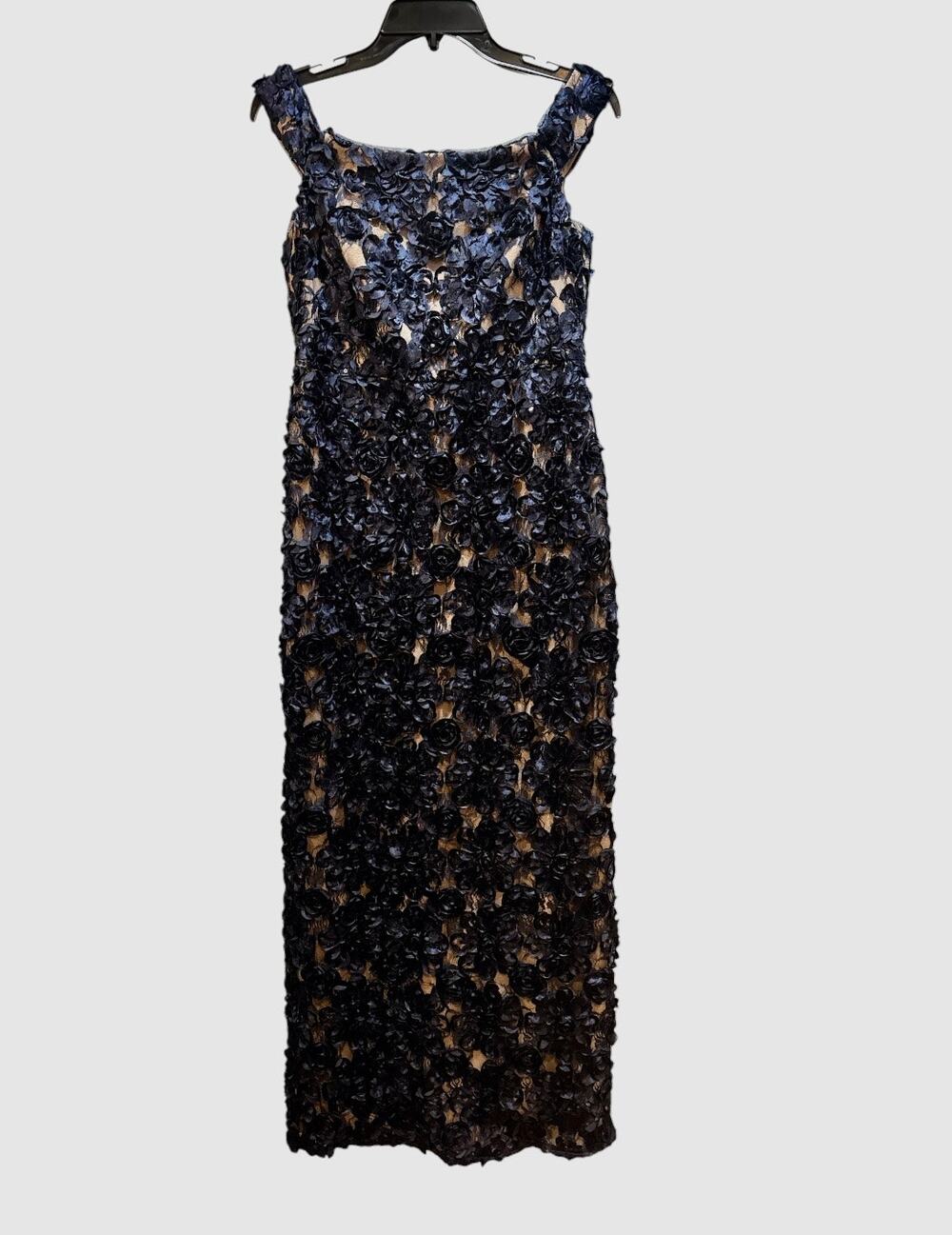Aiden Mattox navy blue off the shoulder maxi dress size 6 textured floral overla